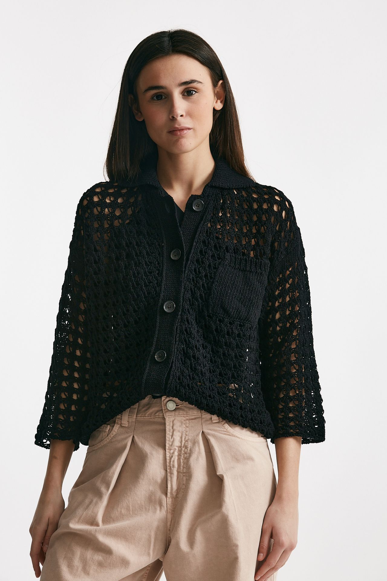 Cardigan traforato a costine nero