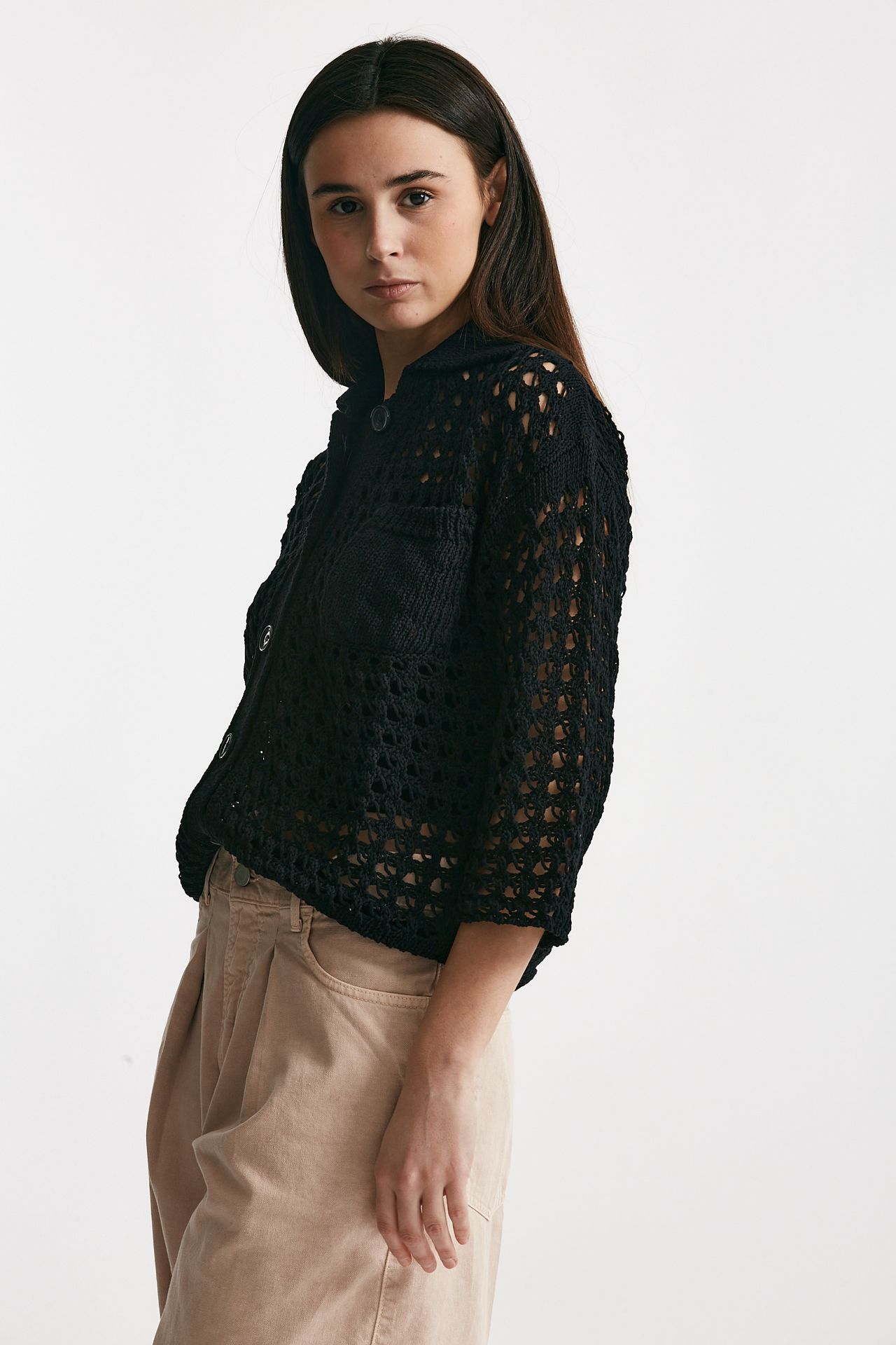 Cardigan traforato a costine nero