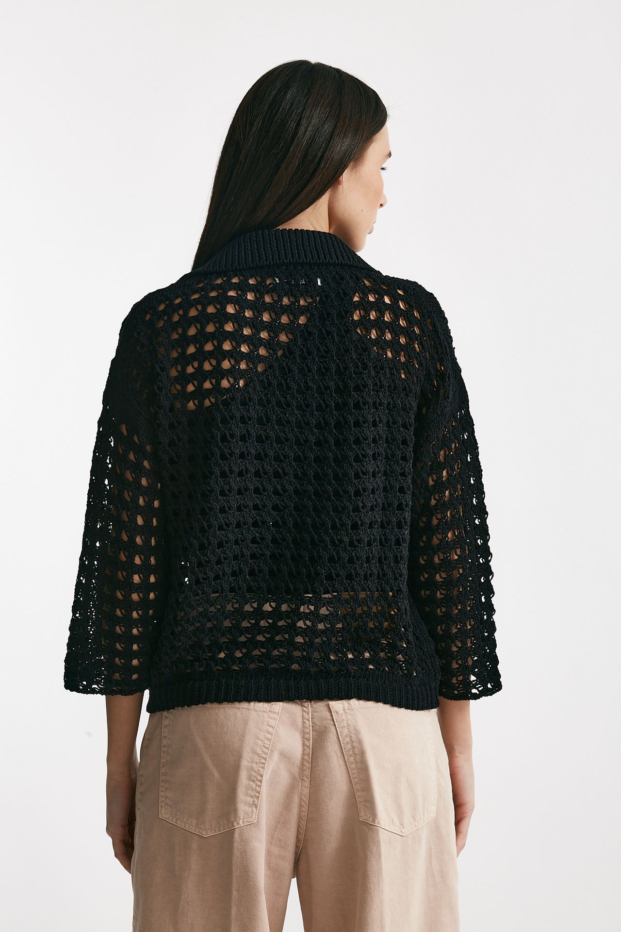 Cardigan traforato a costine nero