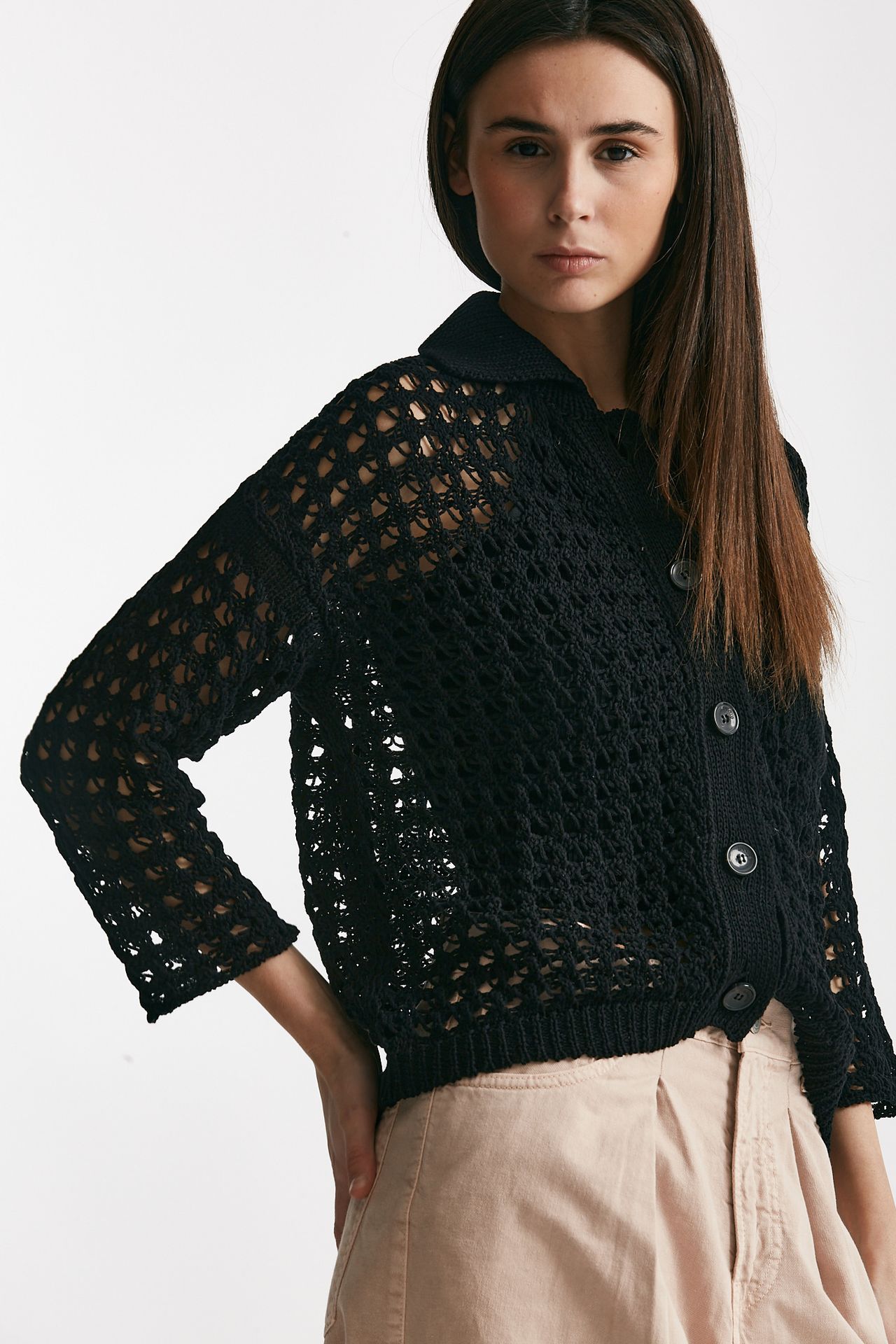 Cardigan traforato a costine nero