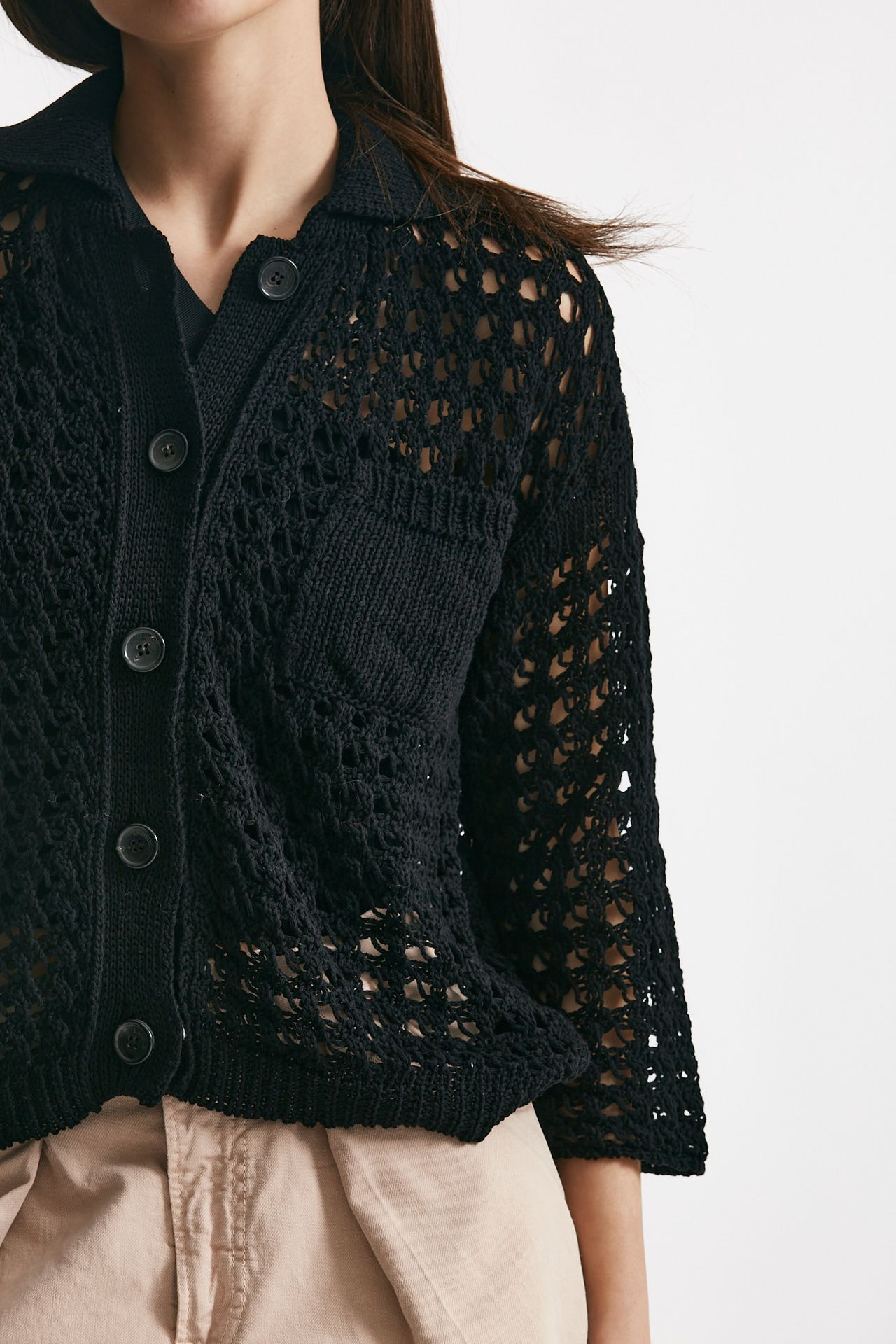 Cardigan traforato a costine nero