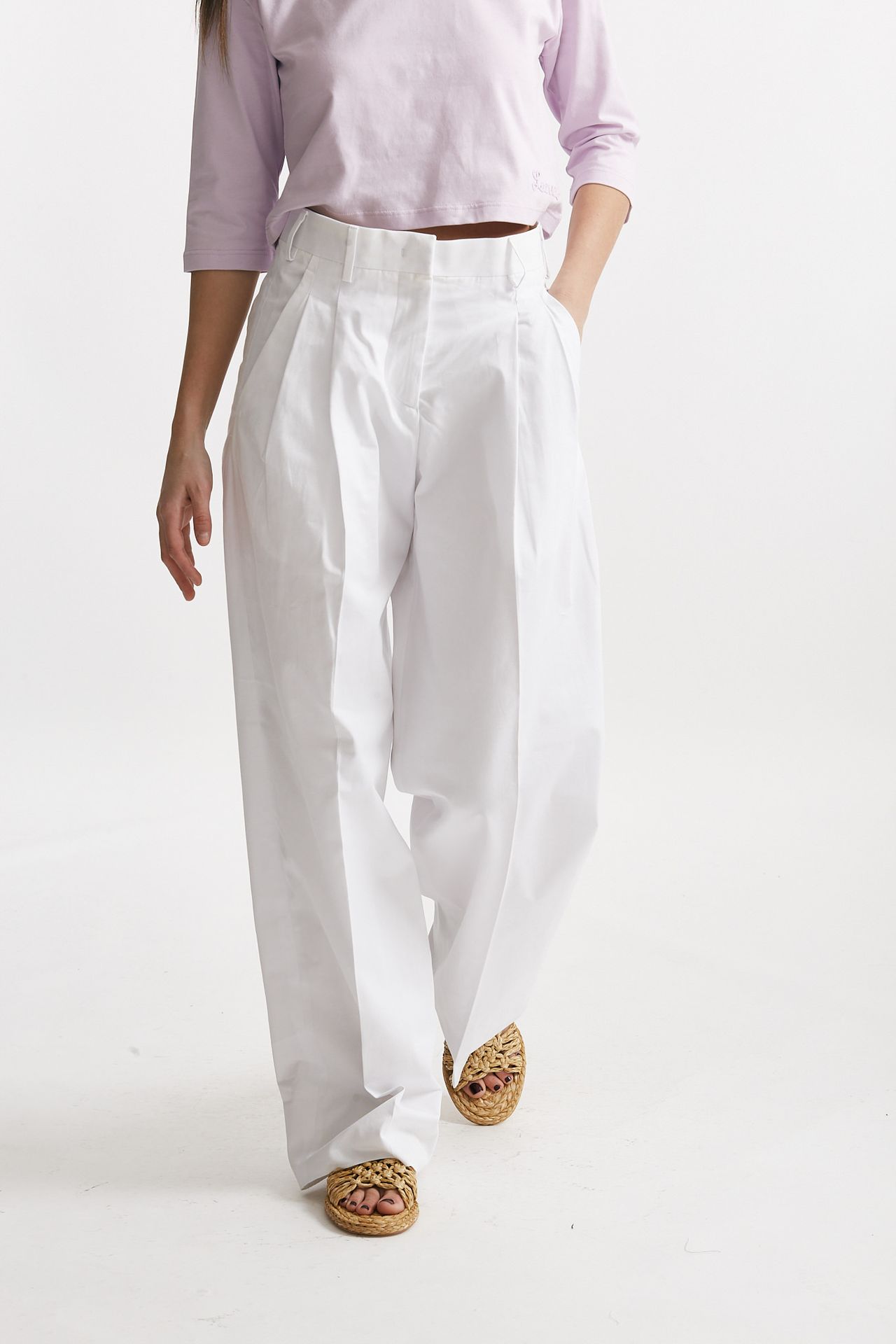 Pantalone pinces bianco vita alta