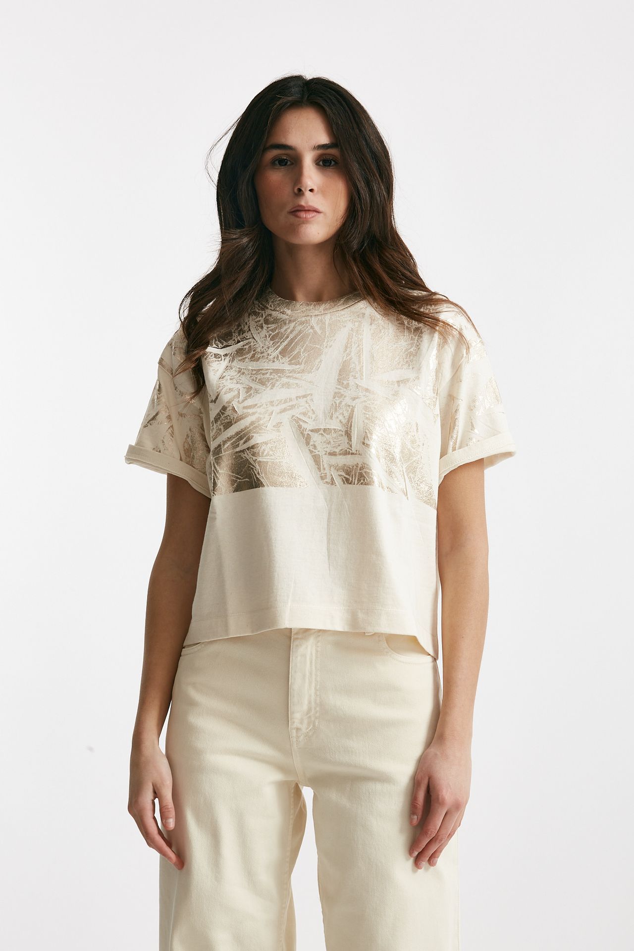 T-shirt a scatolina panna con stampa