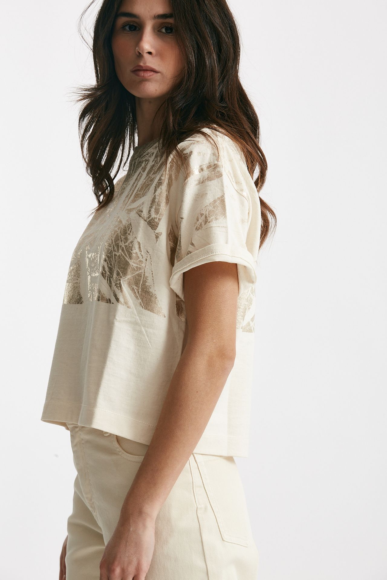 T-shirt a scatolina panna con stampa 
