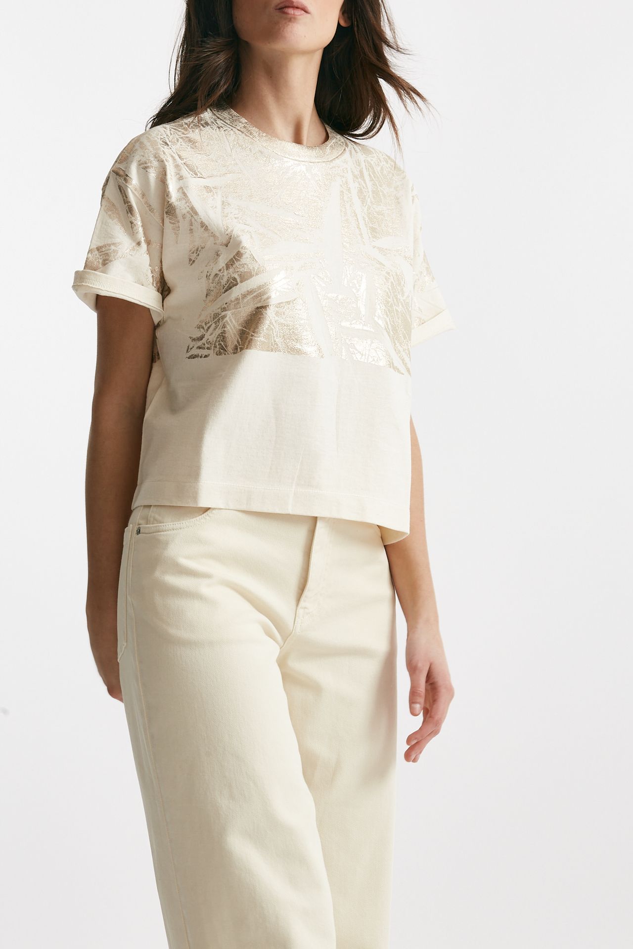 T-shirt a scatolina panna con stampa 