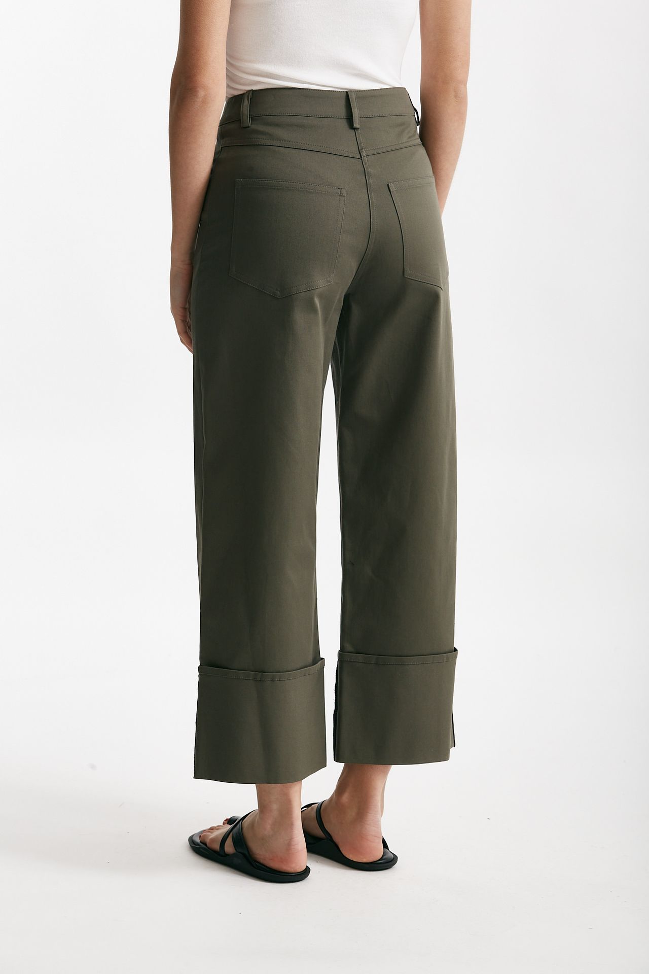 Pantalone vita alta in cotone verde militare 