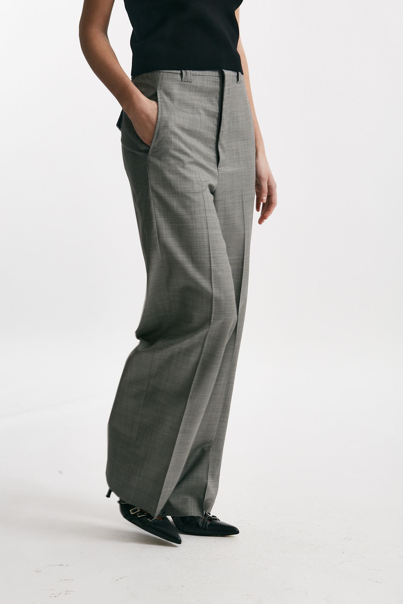 Pantalone in tela di lana grigio vita alta