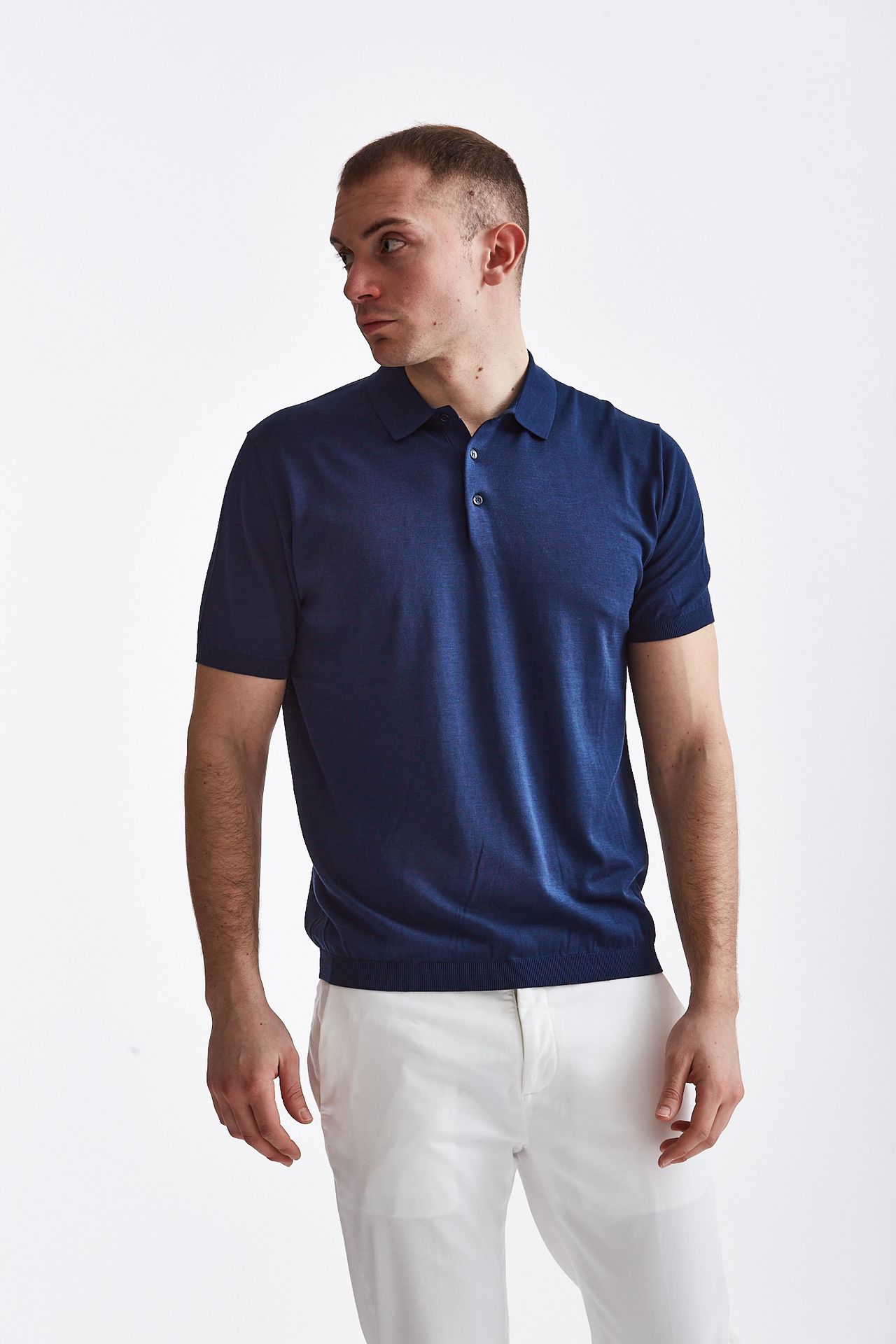 Polo in seta e cotone bluette