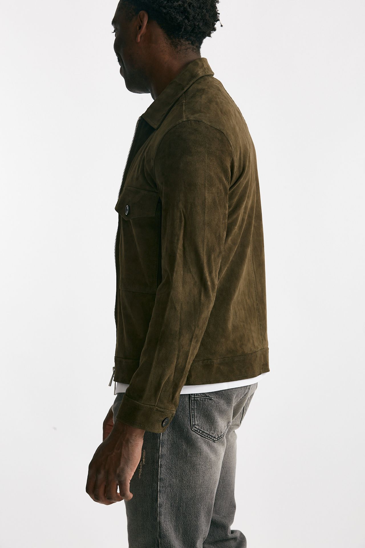 Giubbino zip in pelle scamosciata verde giungla