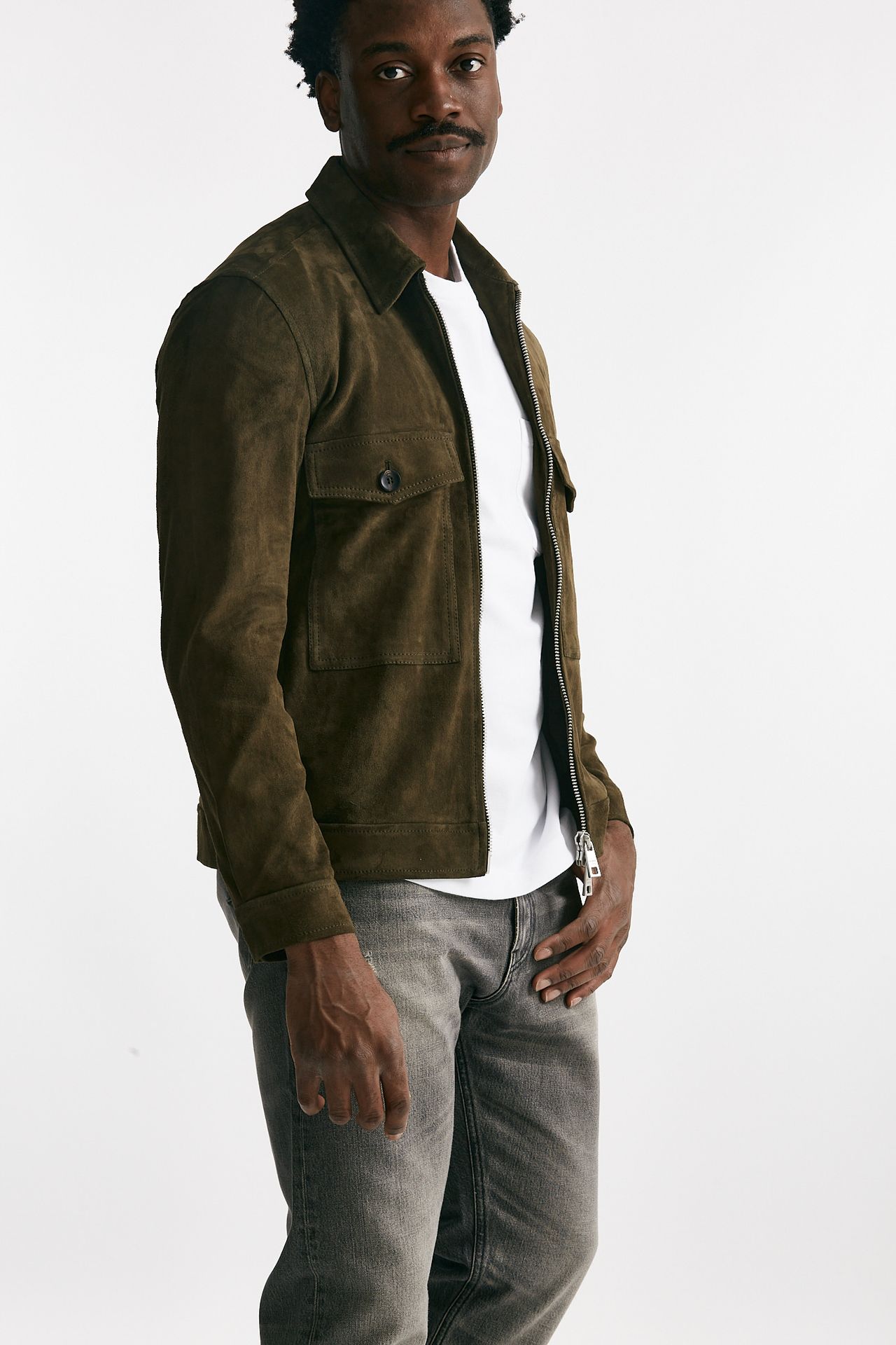 Giubbino zip in pelle scamosciata verde giungla