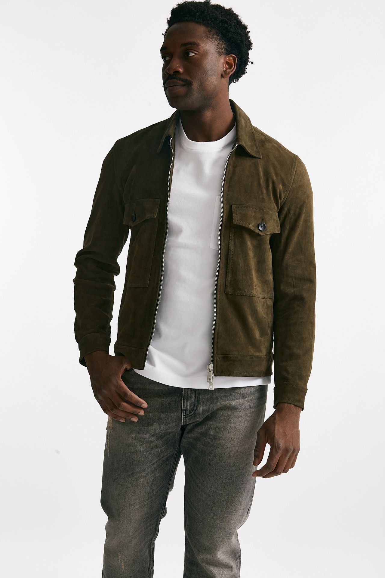 Giubbino zip in pelle scamosciata verde giungla