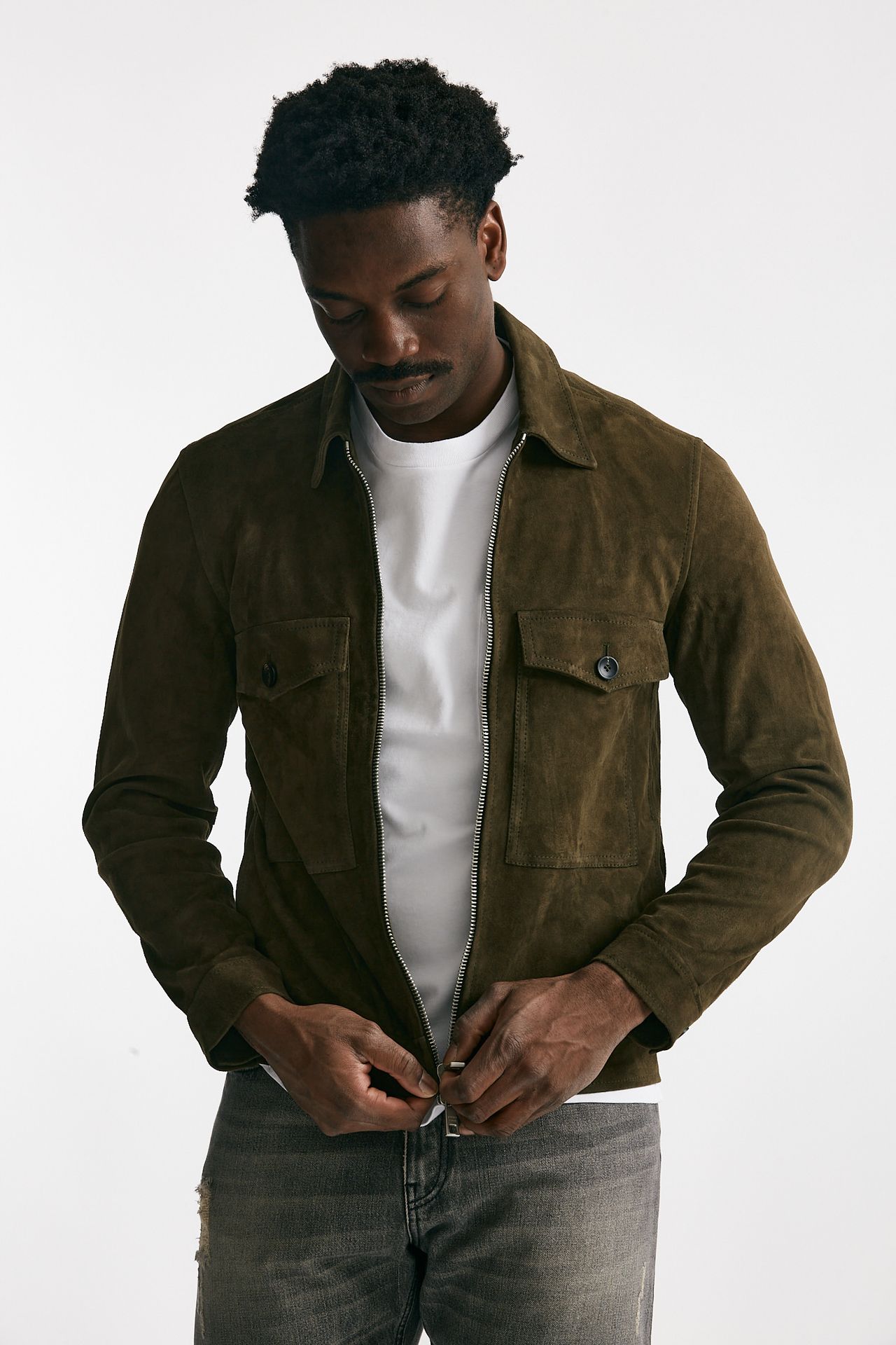 Giubbino zip in pelle scamosciata verde giungla