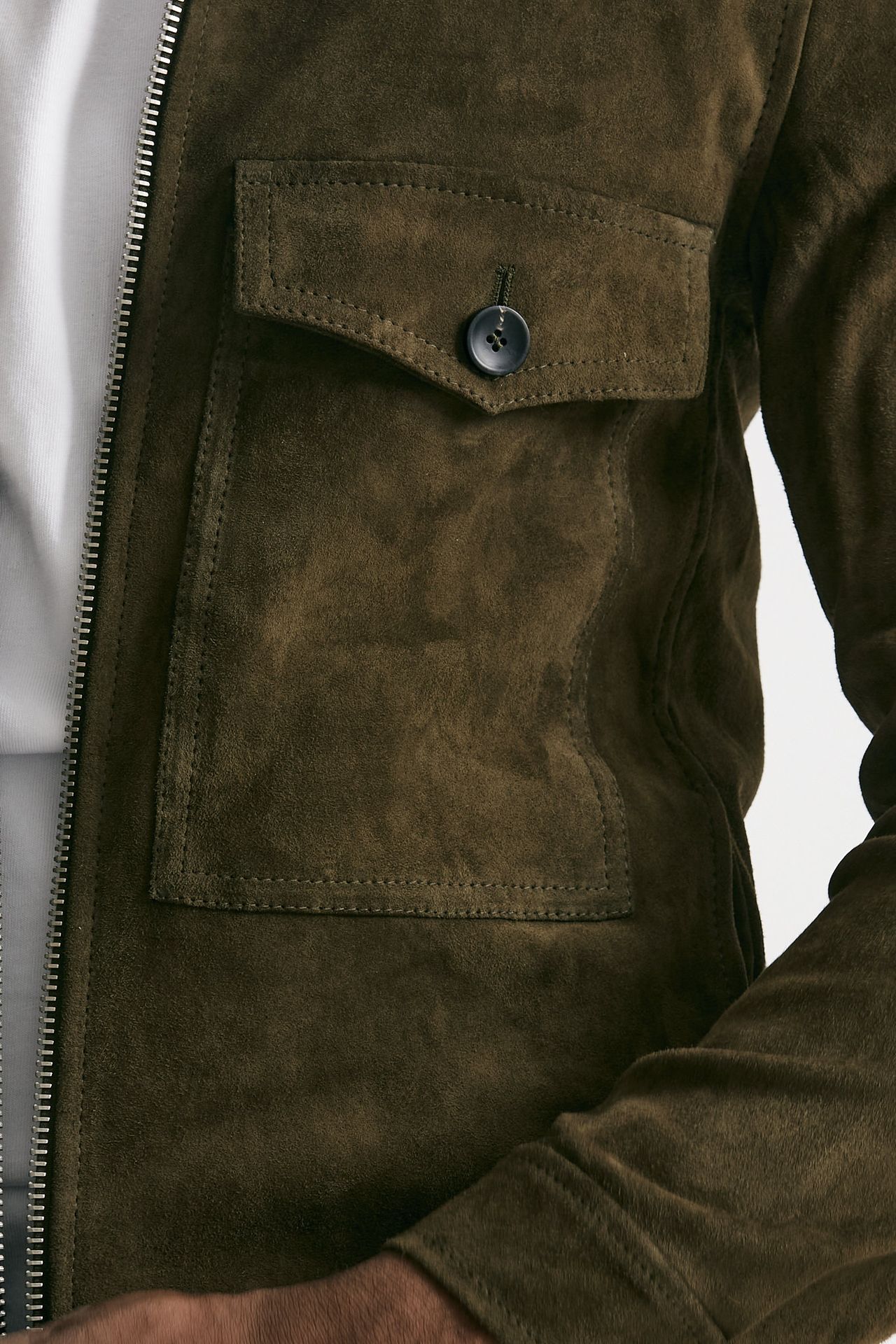 Giubbino zip in pelle scamosciata verde giungla