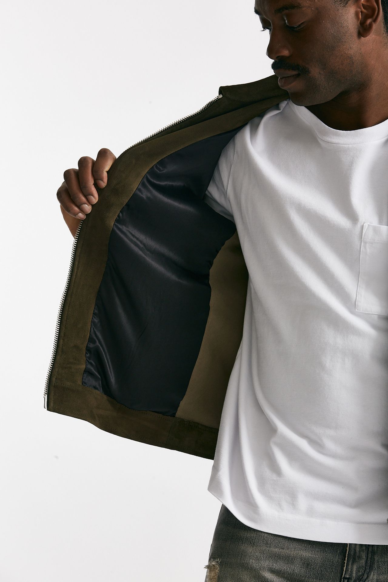 Giubbino zip in pelle scamosciata verde giungla