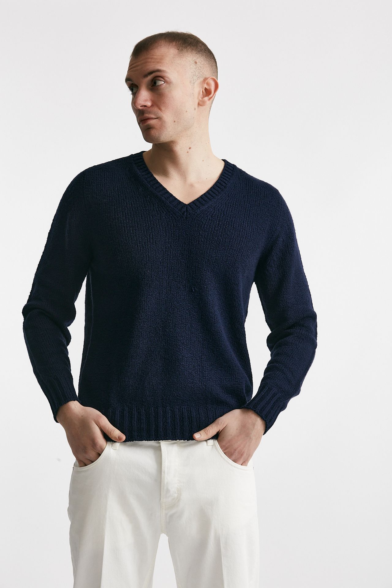 Maglia in cotone scollo a V blu