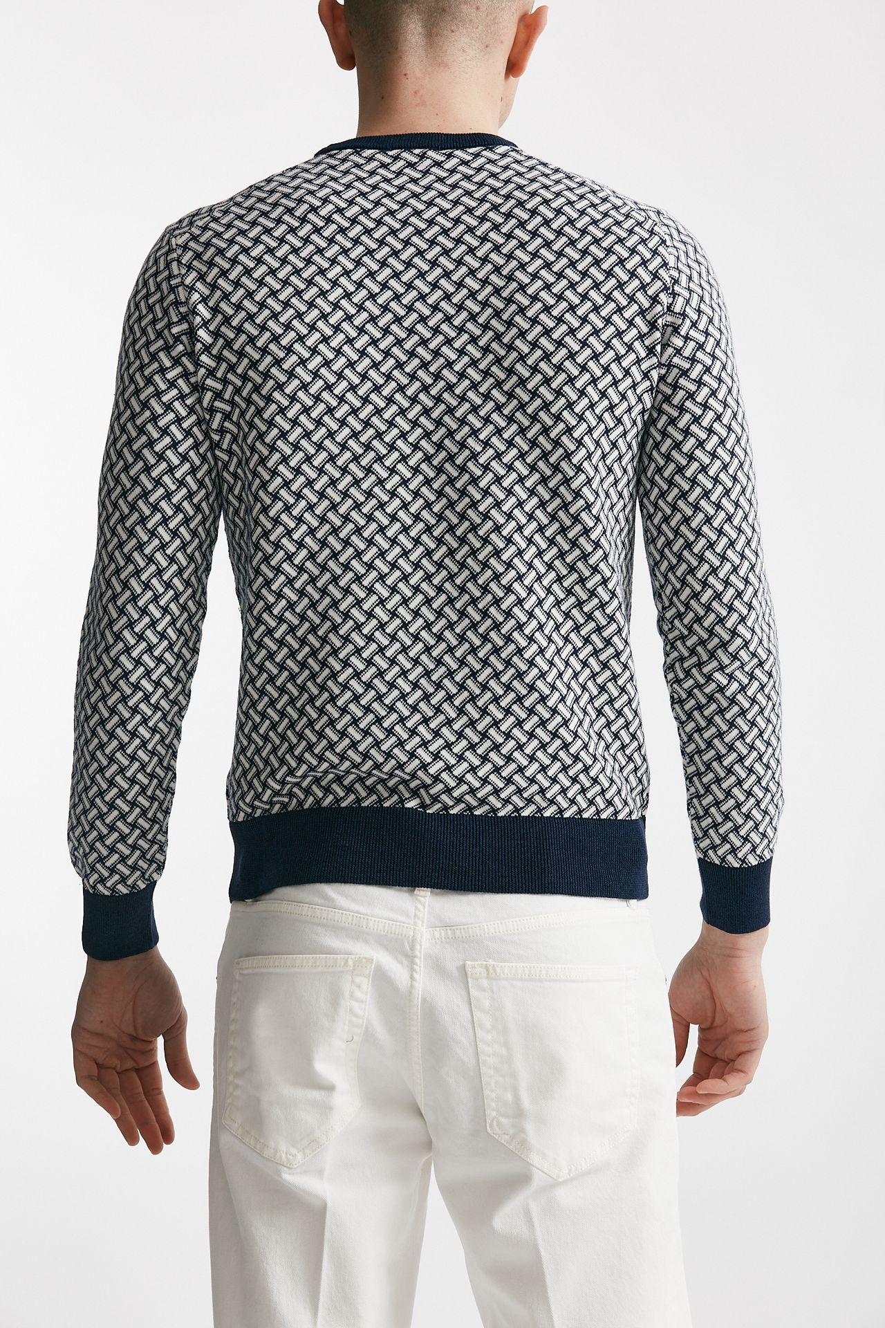 Maglia in cotone e lino girocollo fantasia bianco e blu