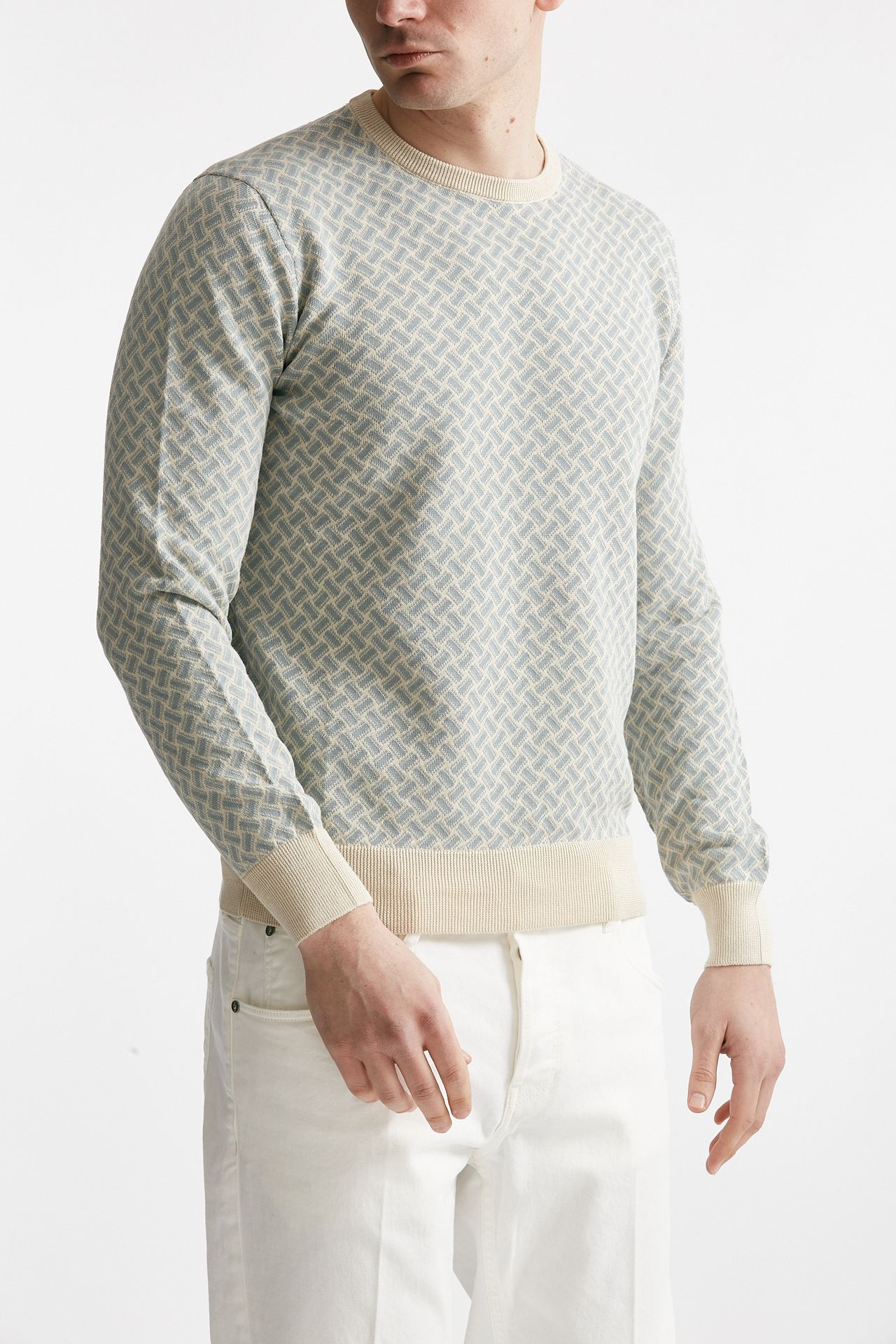 Maglia in cotone e lino fantasia panna e azzurro