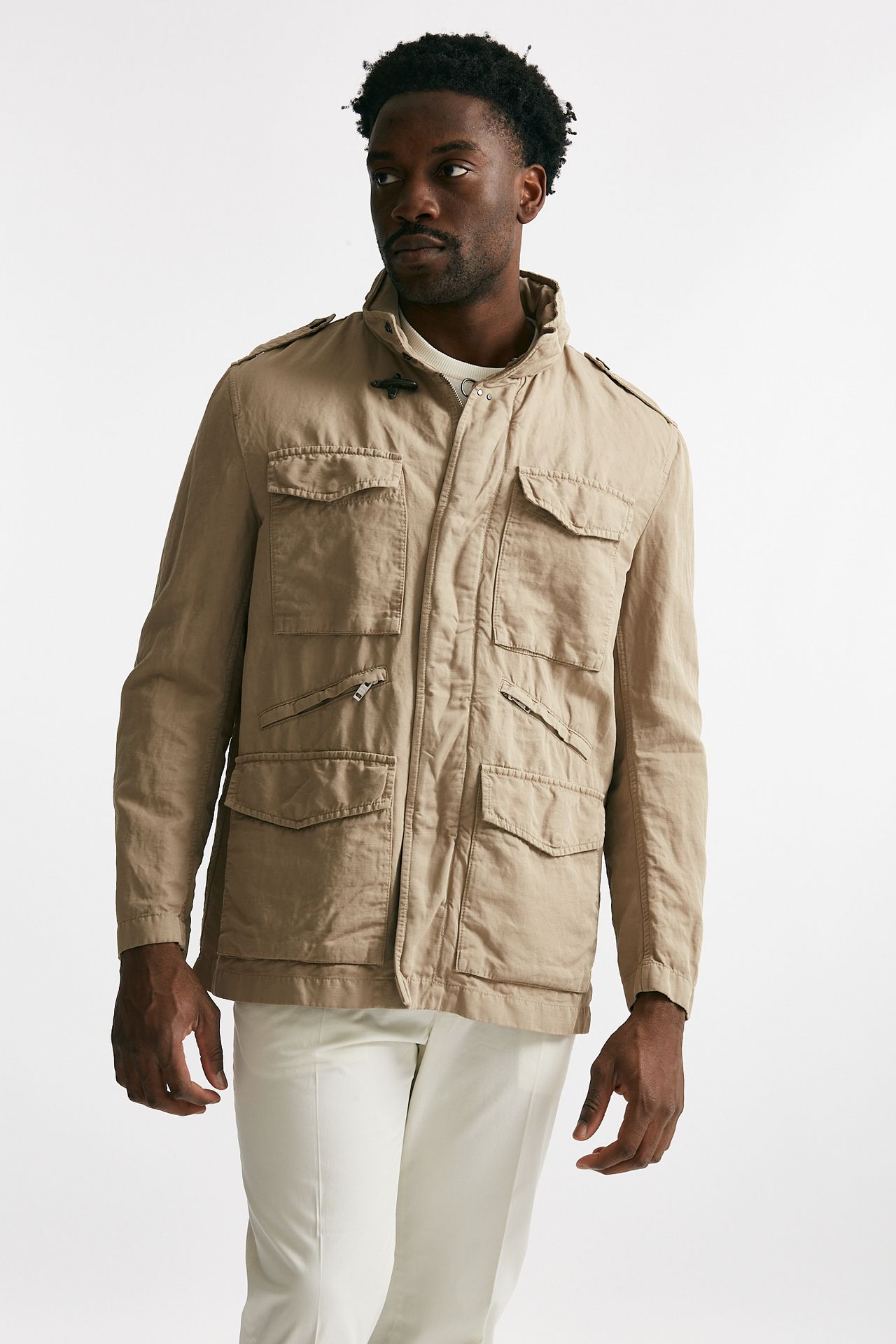 Field jacket in cotone e lino lavato beige