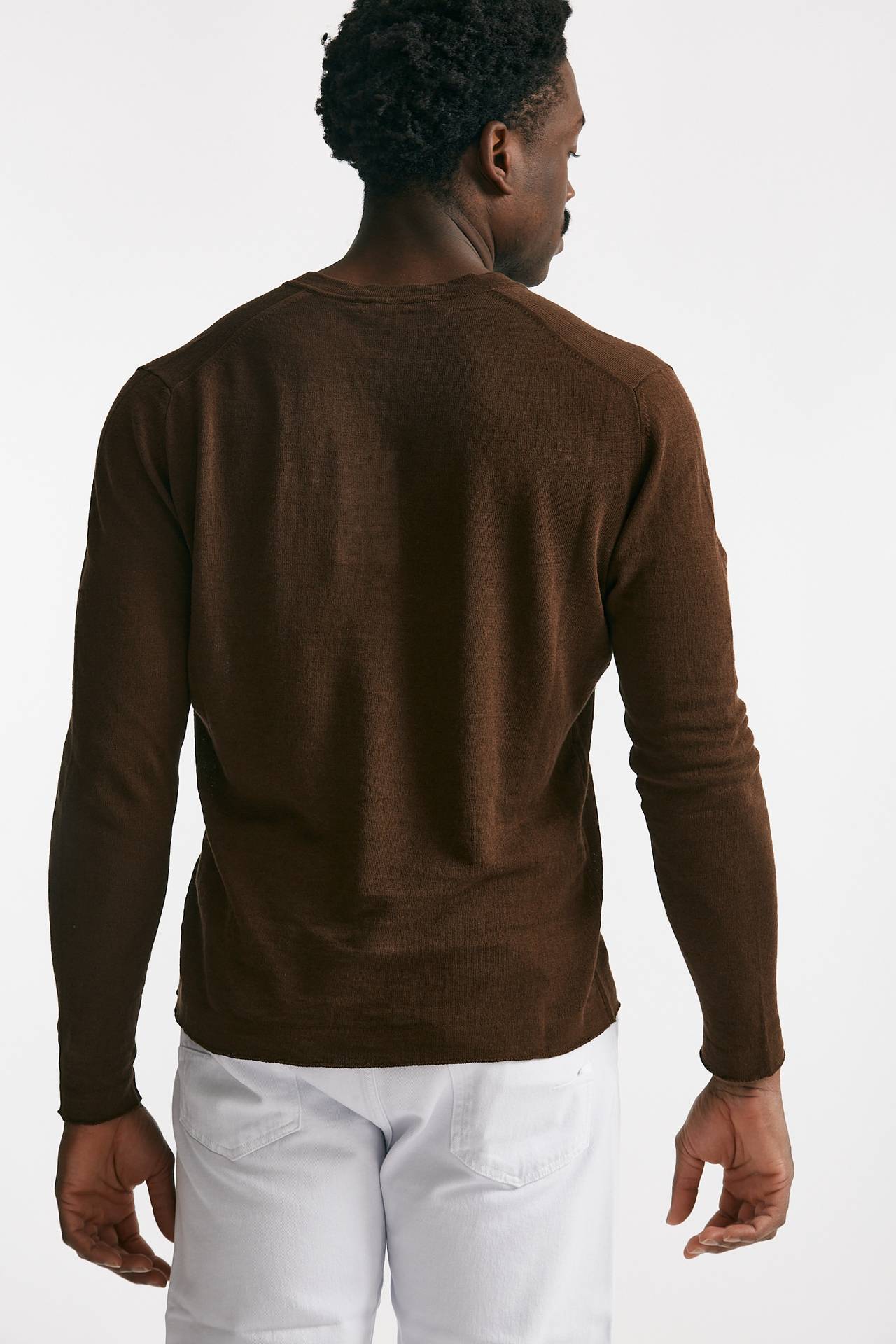 Maglia scollo V in lino e cotone tabacco