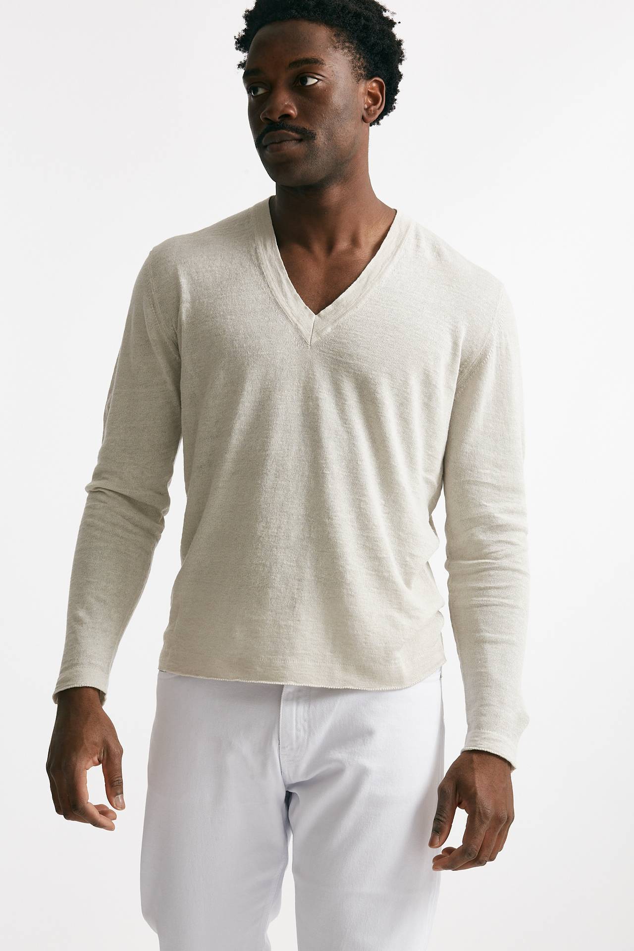 Maglia scollo a V in lino e cotone perla 