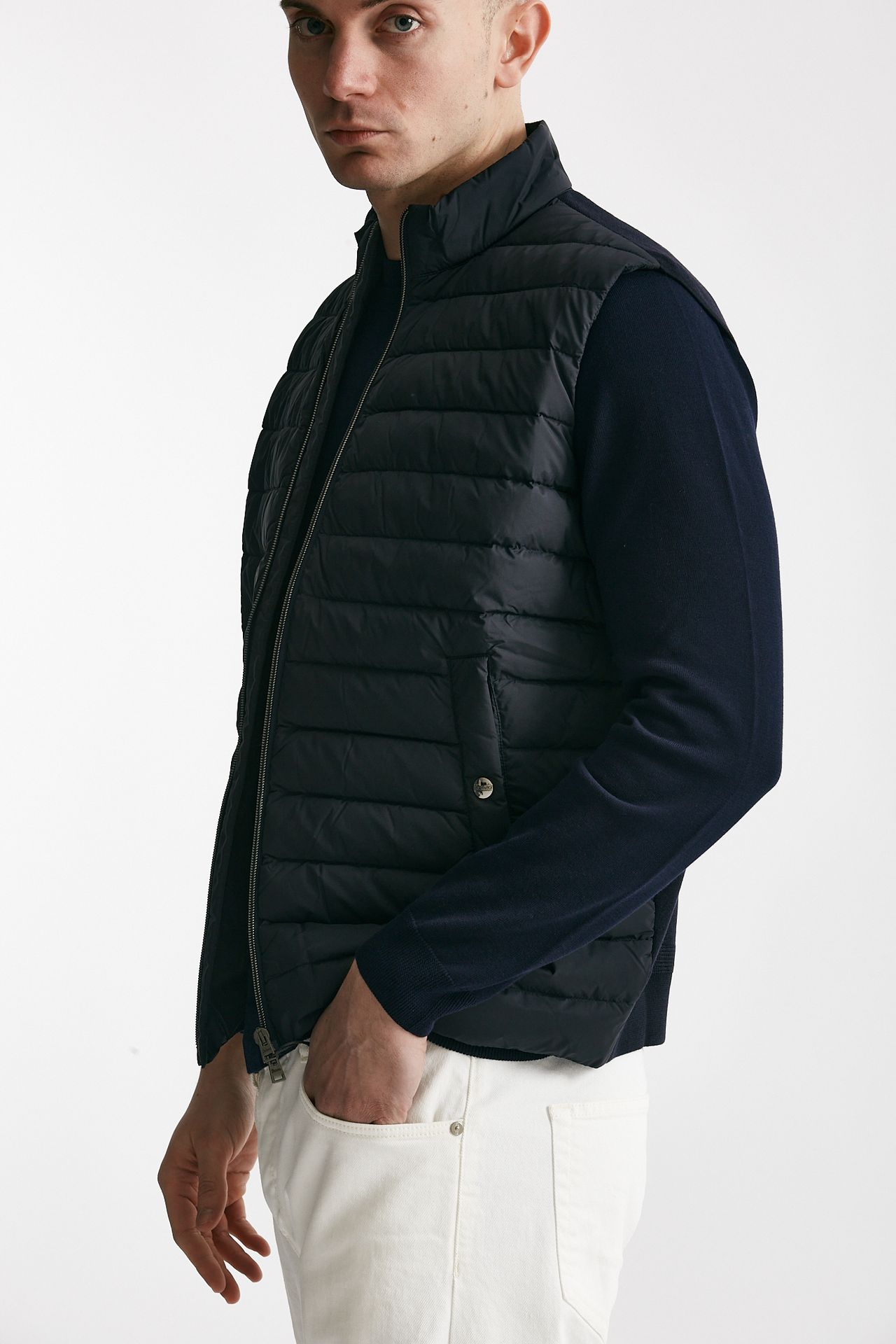 Smanicato in micro piuma e jersey di cotone blu