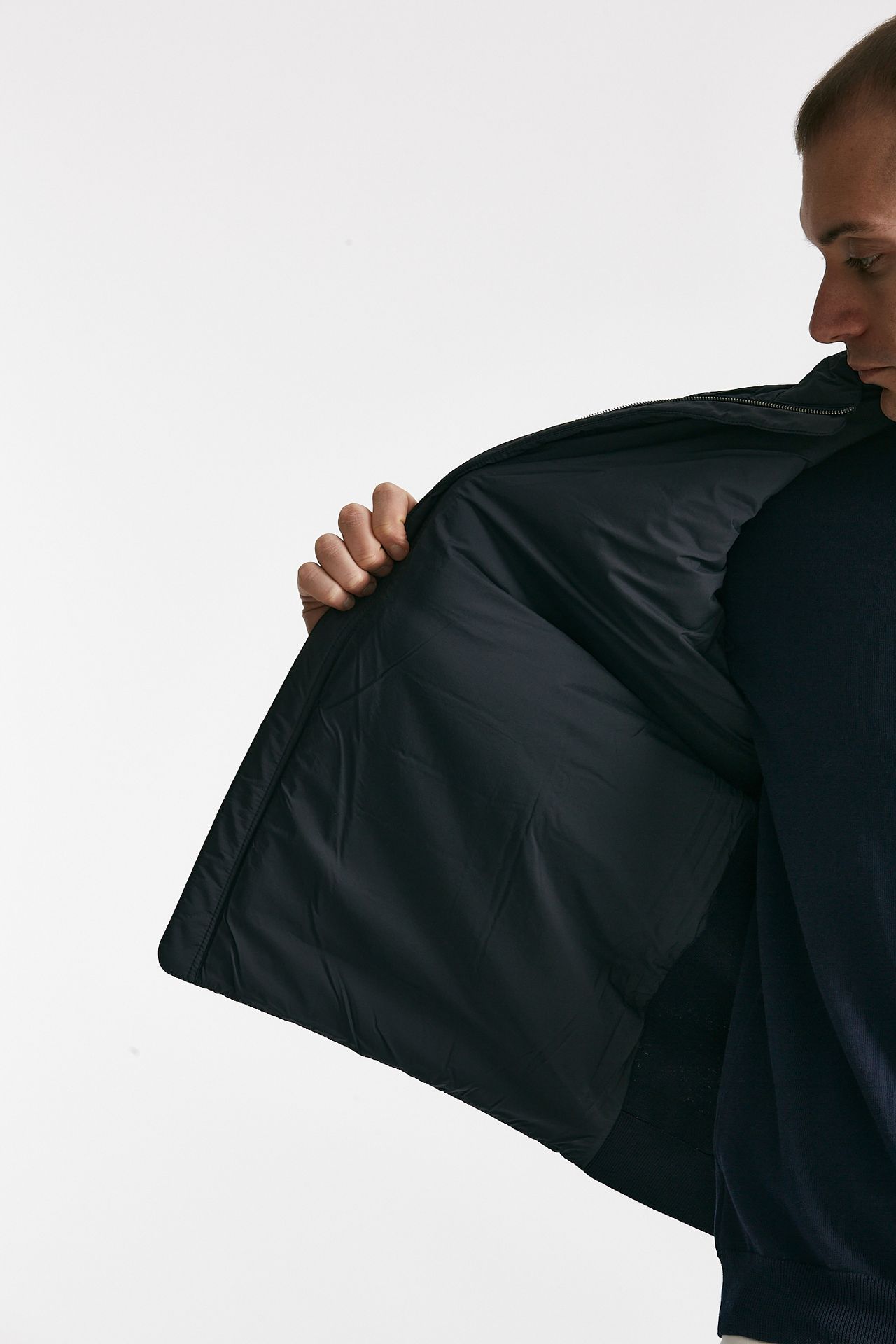 Smanicato in micro piuma e jersey di cotone blu