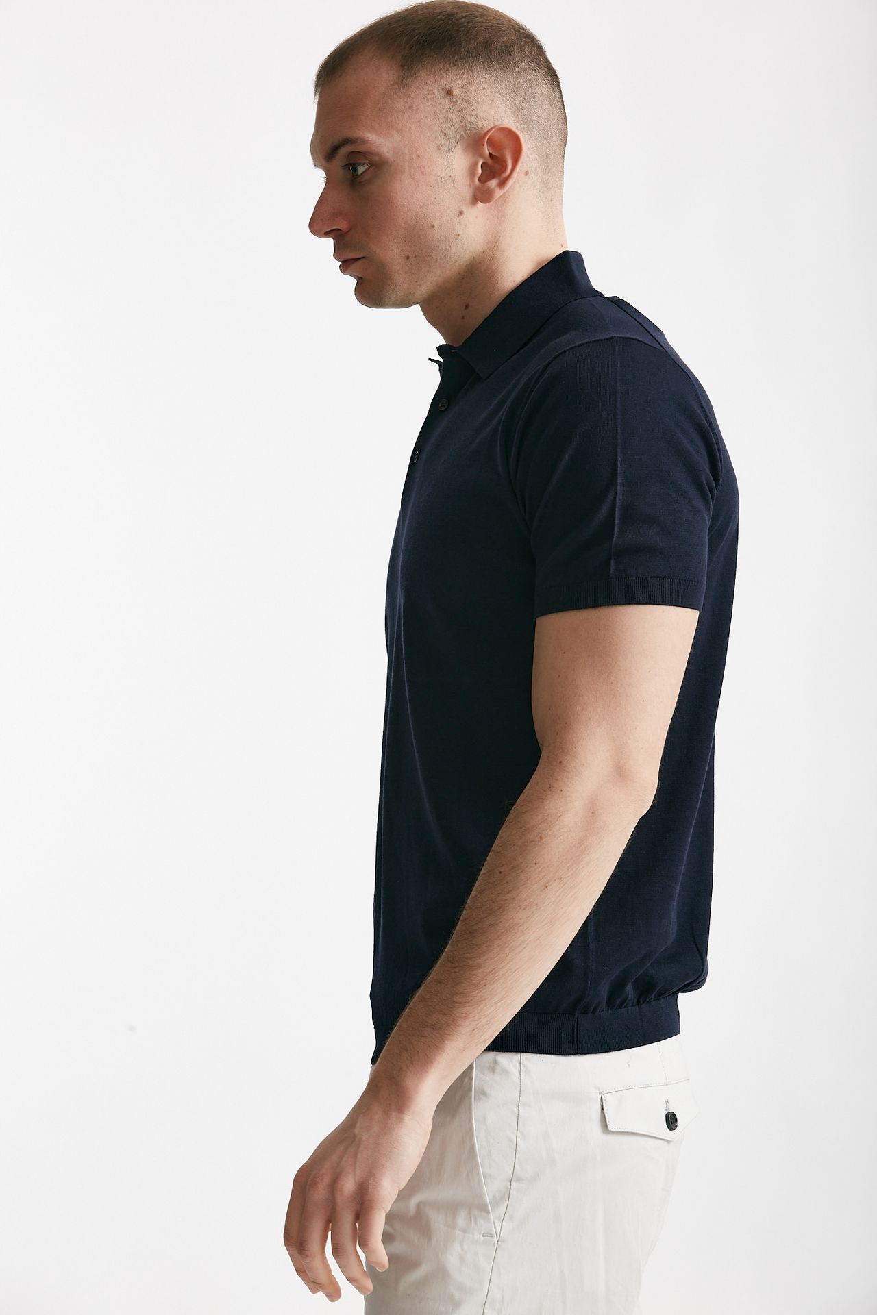 Polo in seta e cotone blu