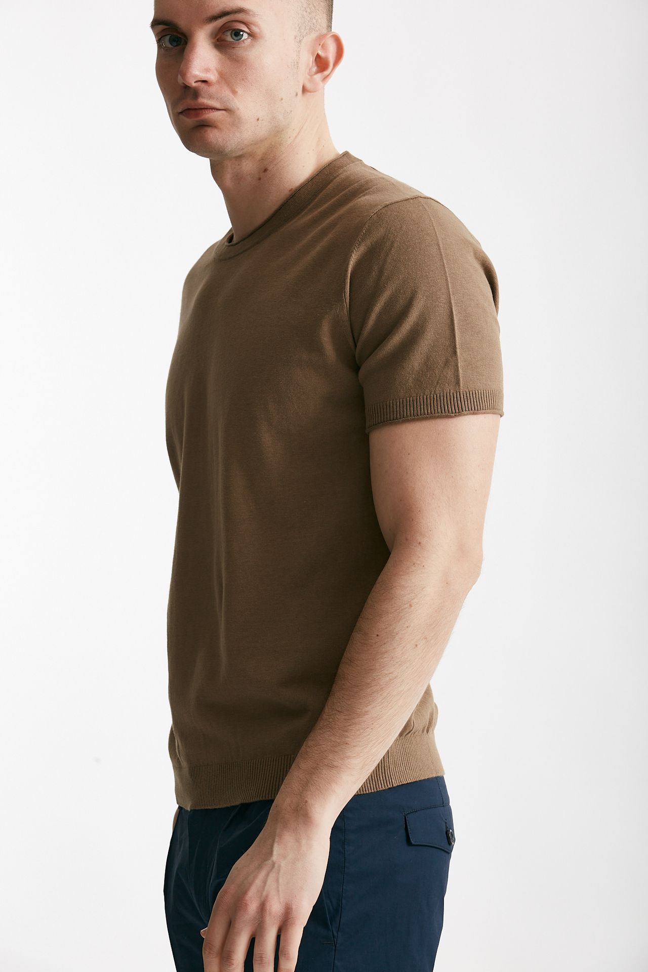 T shirt in cotone e lino cammello