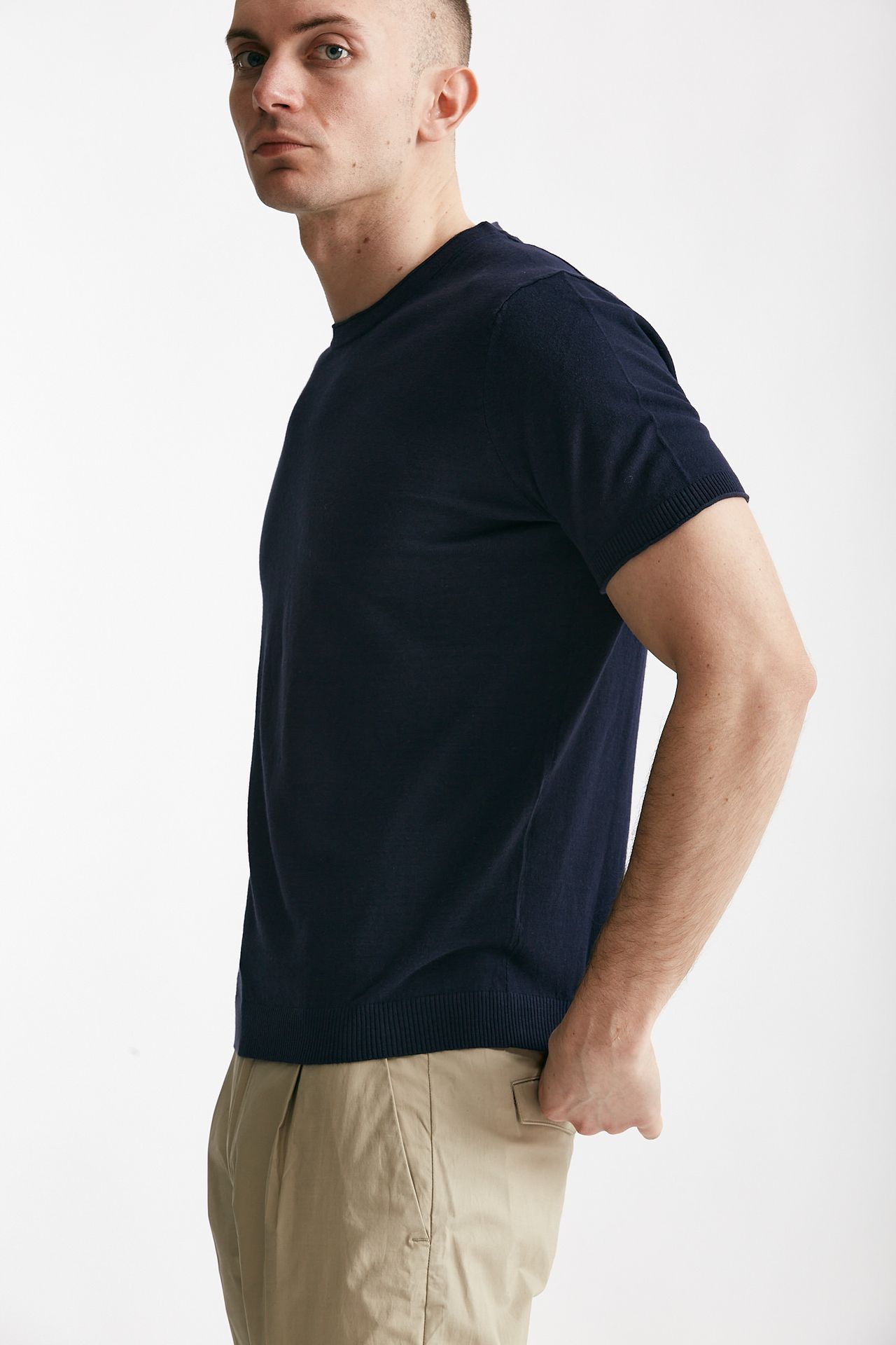 T shirt in maglia cotone e lino blu 