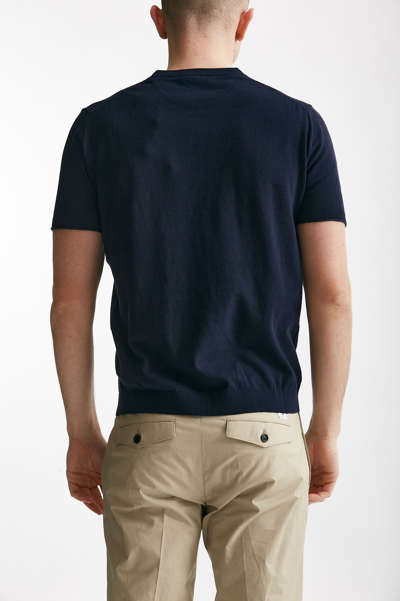 T shirt in maglia cotone e lino blu 