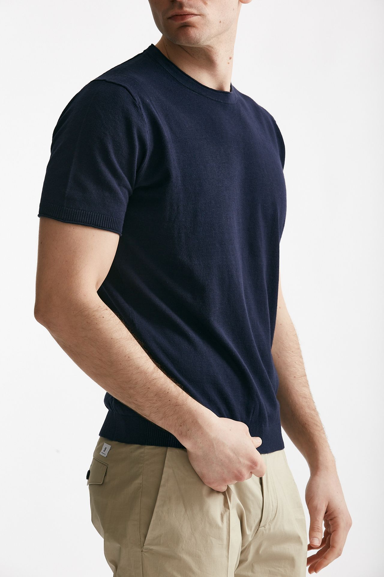 T shirt in maglia cotone e lino blu 