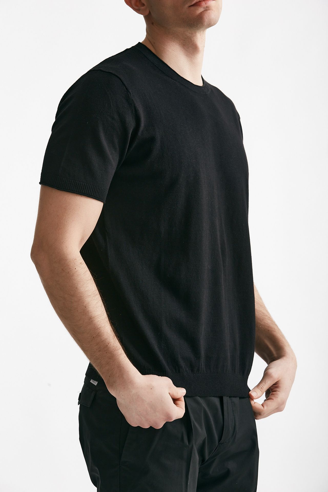 T shirt in maglia cotone e lino nero 