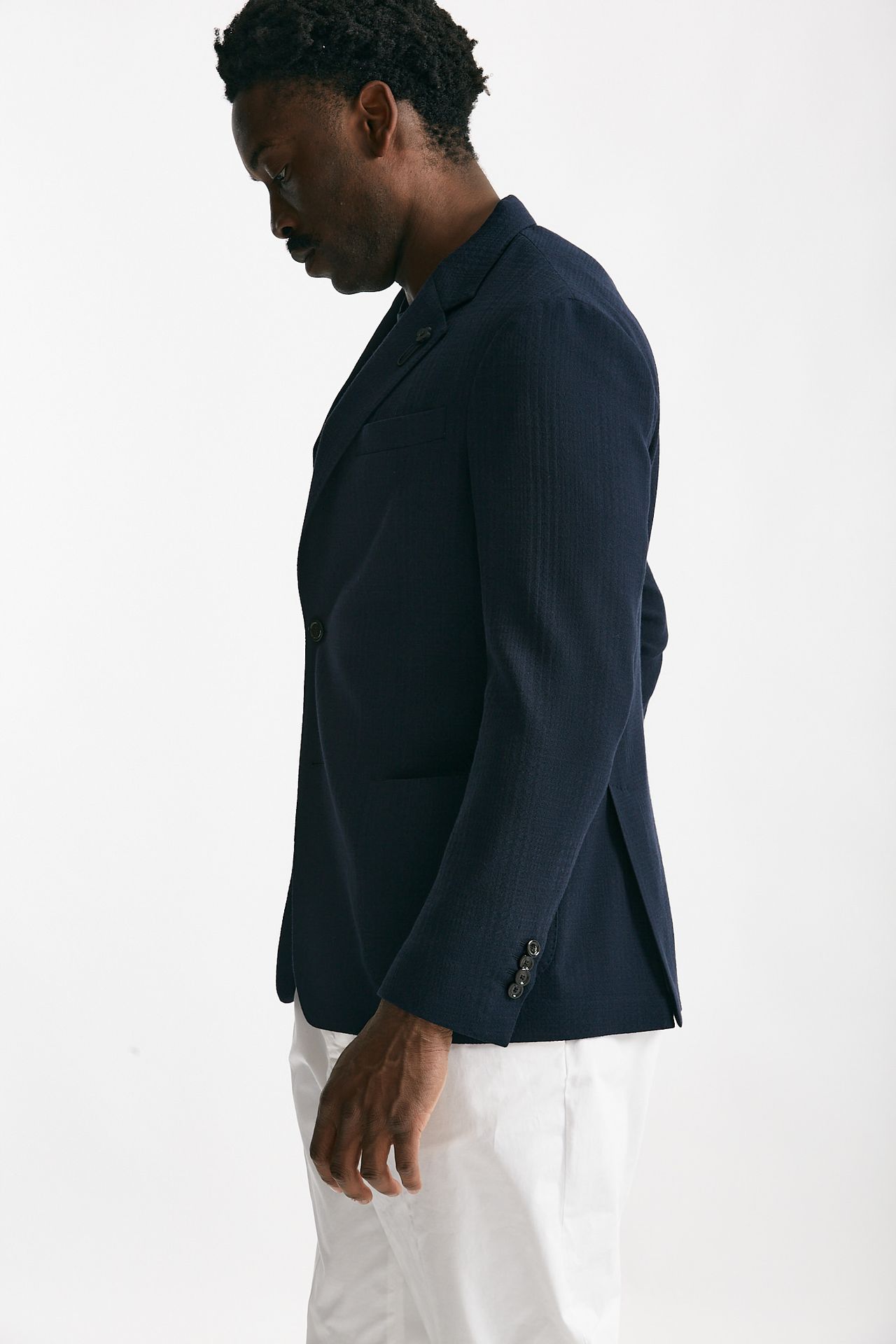 Giacca monopetto blu lana e cotone stretch