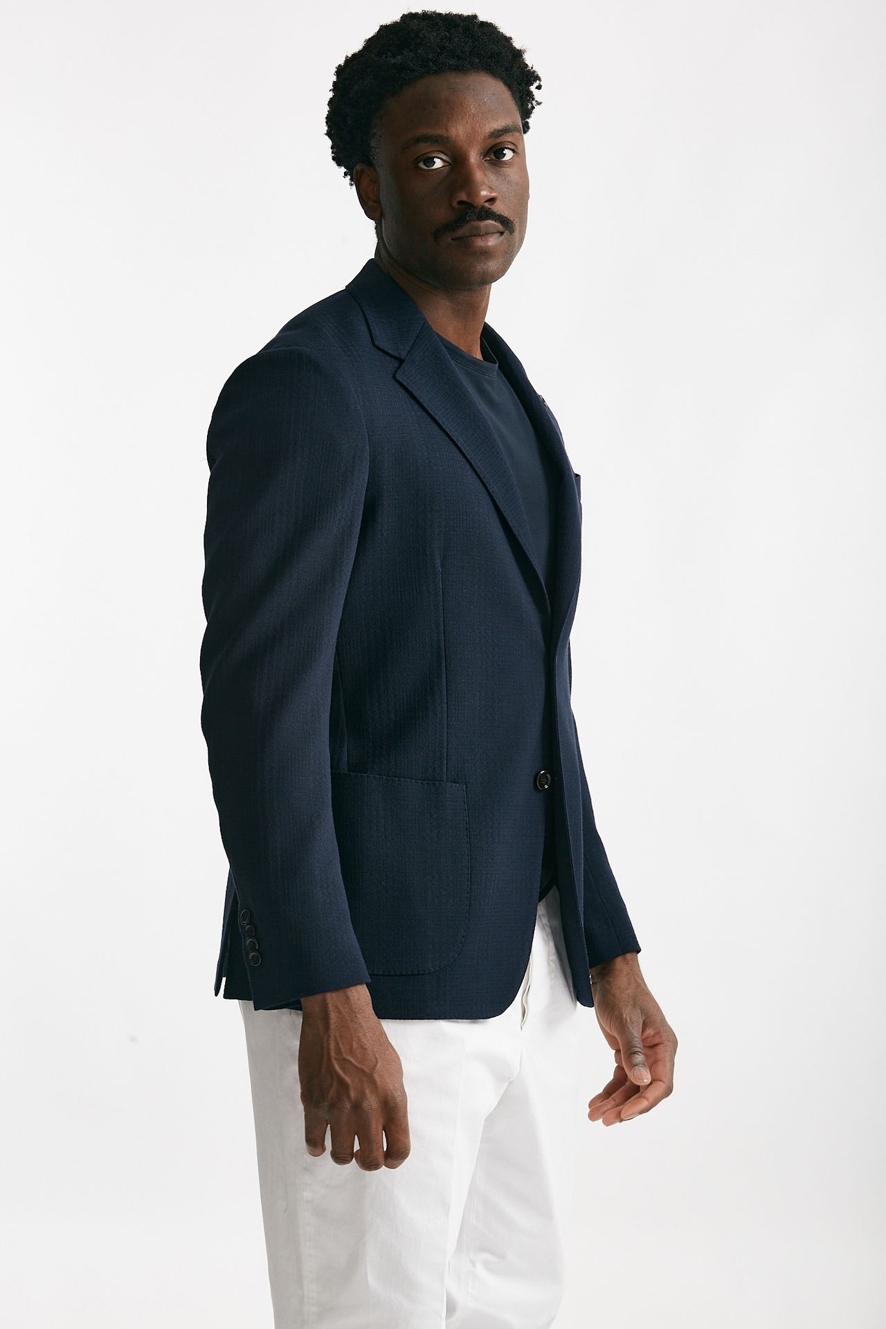 Giacca monopetto blu lana e cotone stretch