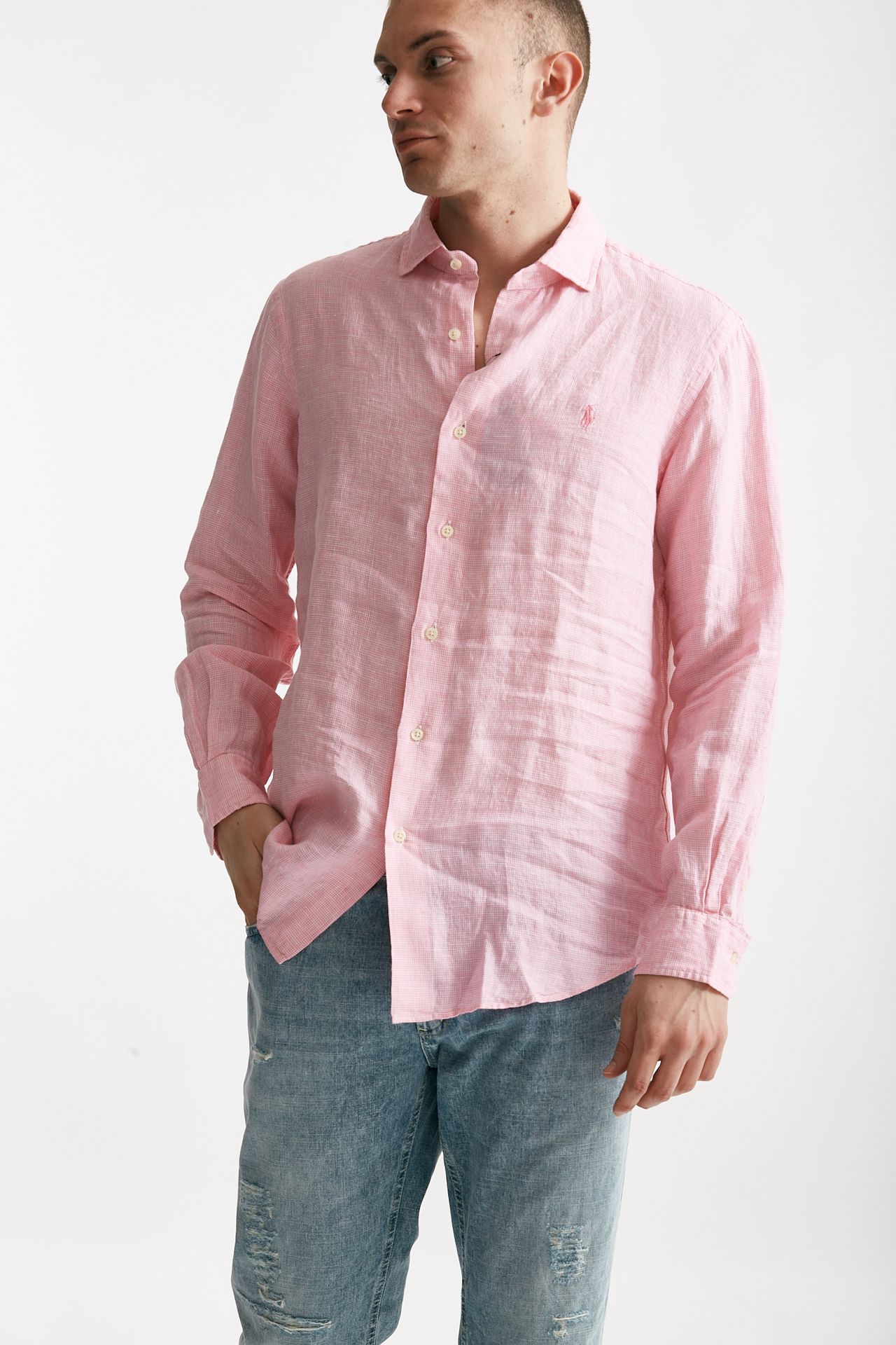 Camicia in lino rosa micro fantasia