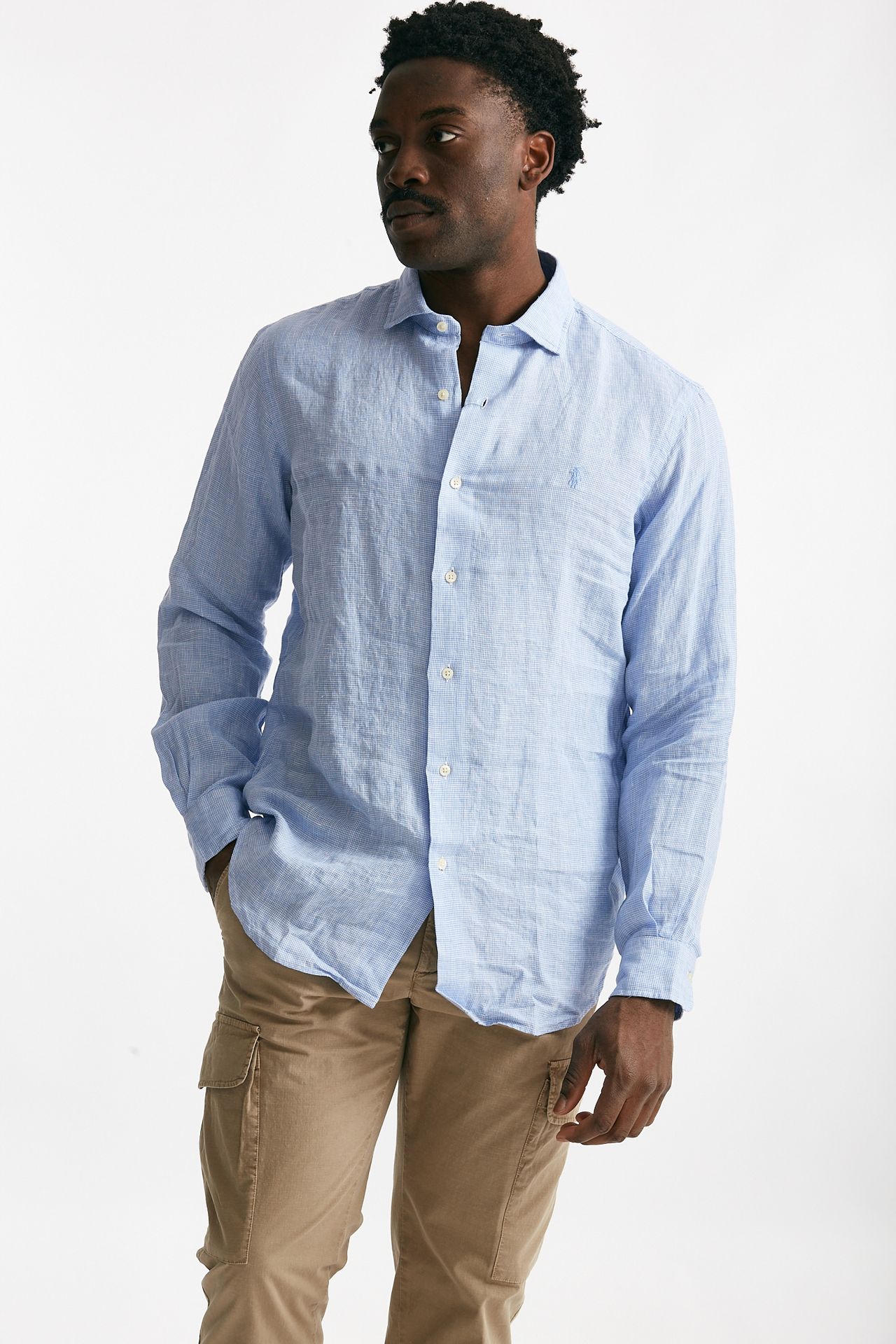 Camicia in lino azzurro micro fantasia