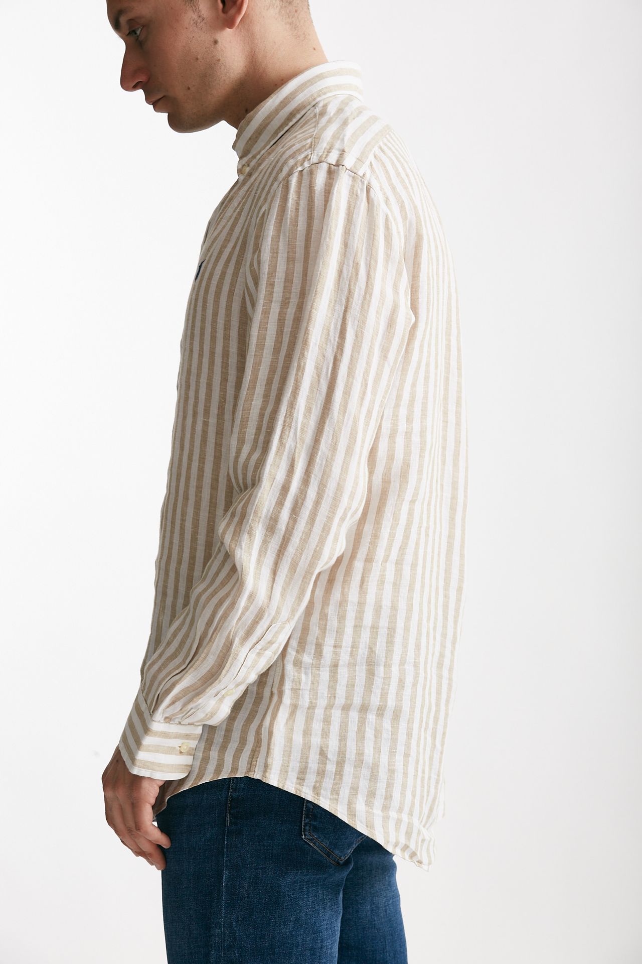 Camicia in lino rigato bianco e beige