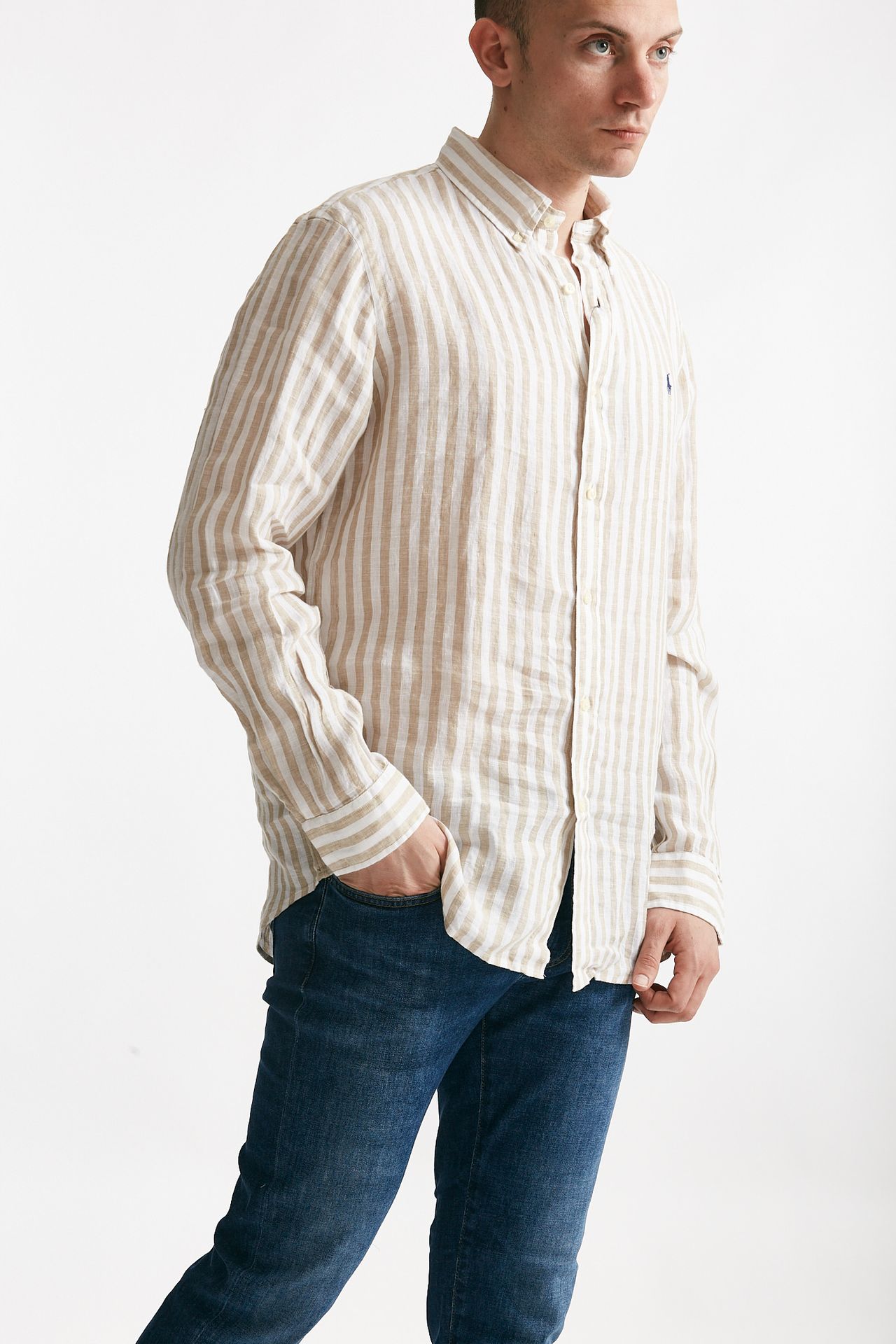 Camicia in lino rigato bianco e beige