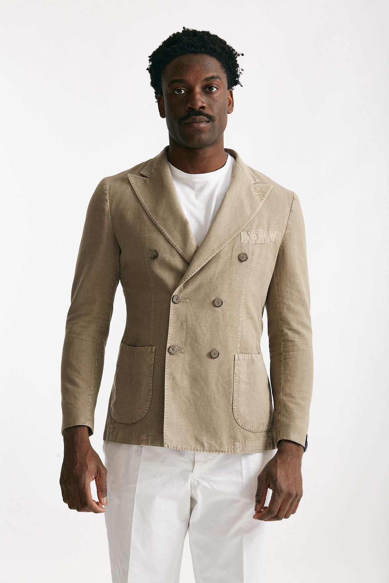 Giacca doppiopetto beige cotone e lino lavato